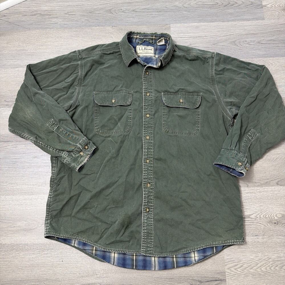 Vintage LL Bean Flannel Lined Canvas Button Up Green Shirt Jacket Large